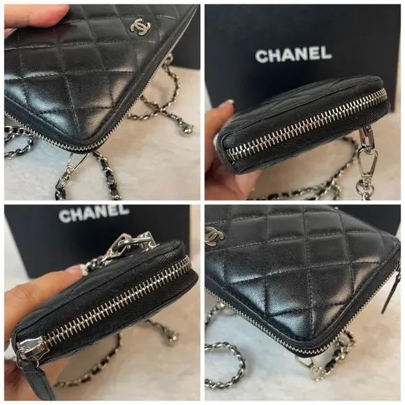 CHANEL CC QUILTED LAMBSKIN ZIP AROUND WALLET ON A CHAIN. Box & COA Included